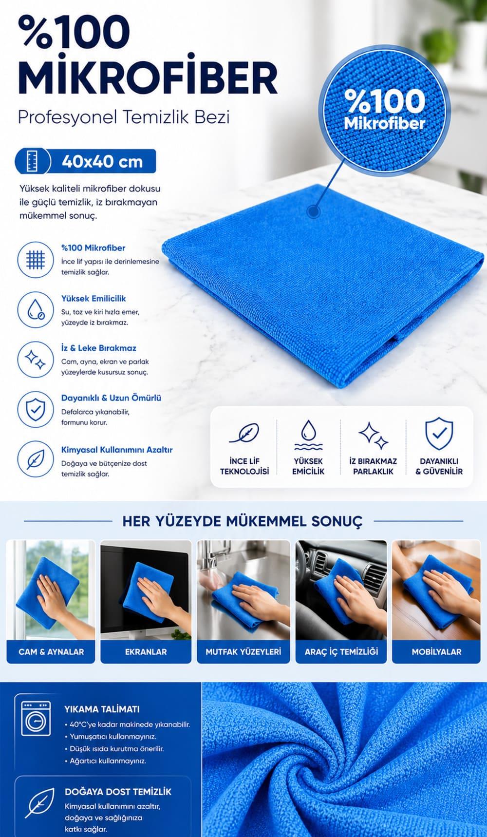 Spark MP2307 Yüksek Performanslı Mikrofiber Temizlik Bezi 40x40 cm Poşetli | ID4373