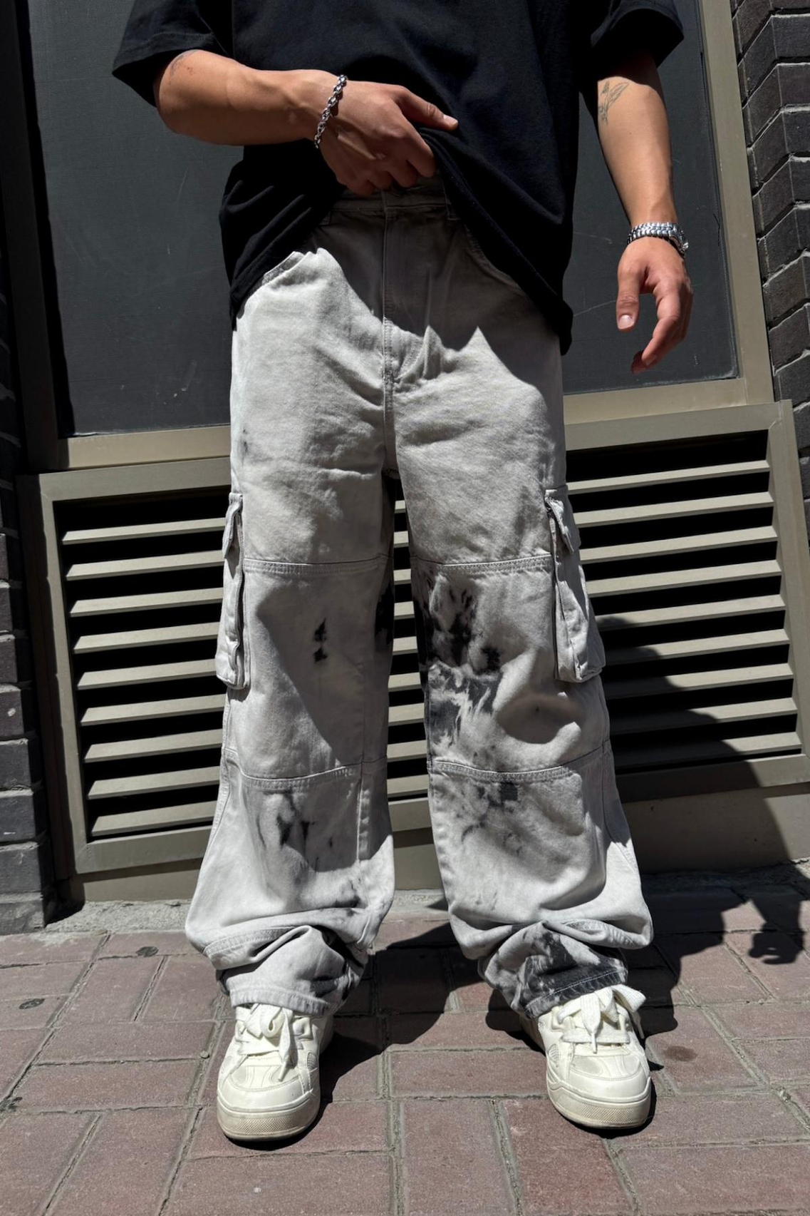 Acid Wash Kargo Cep Detay Baggy Jean Pantolon