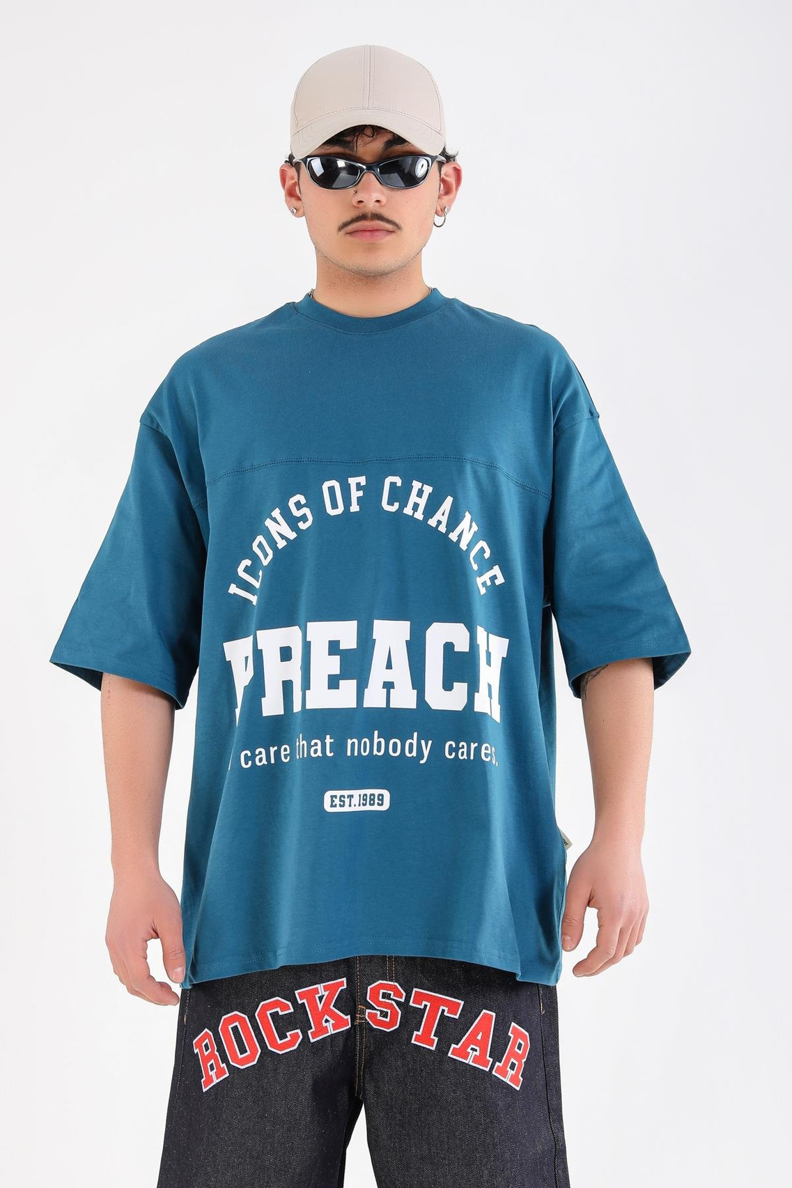 Petrol Mavi Preach Baskılı Oversize Tshirt