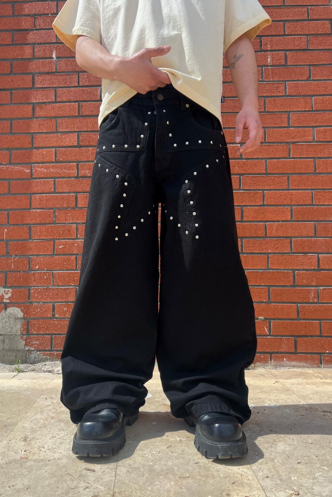 Zımba Baskılı Star Siyah Baggy Jean Pantolon