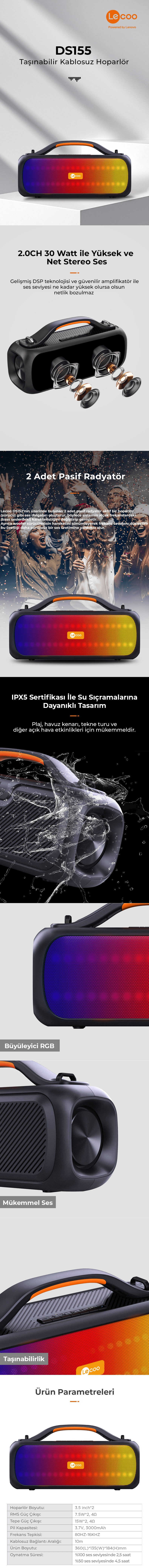 Lenovo Lecoo DS155 30W Taşınabilir Hoparlör