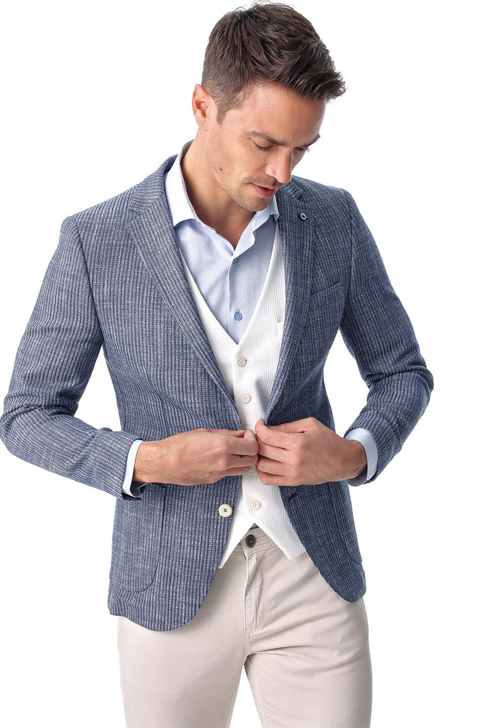  Morven Erkek Mavi Sligo Slim Fit Dar Kesim Torba Cep Desenli 6 Drop Ceket
