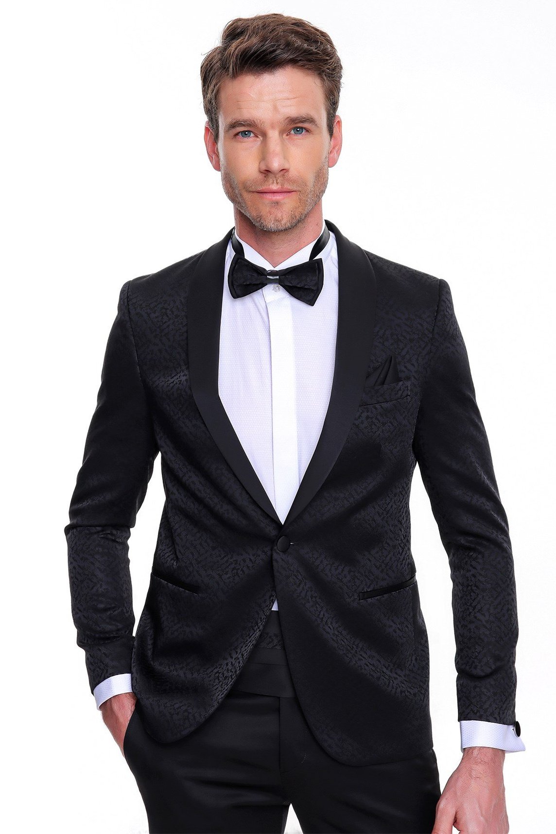  Morven Erkek Siyah Guisa Slim Fit Dar Kesim Jakarlı Smokin