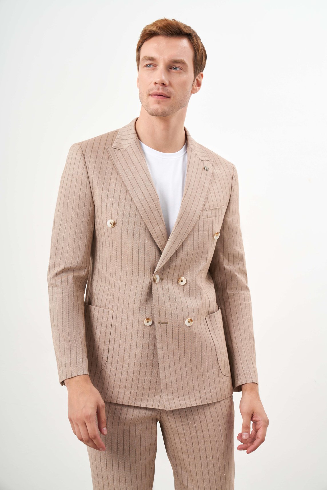 Morven Erkek Kremrengi Keten Trend Kruvaze Slim Fit Sivri Yaka Takım Elbise