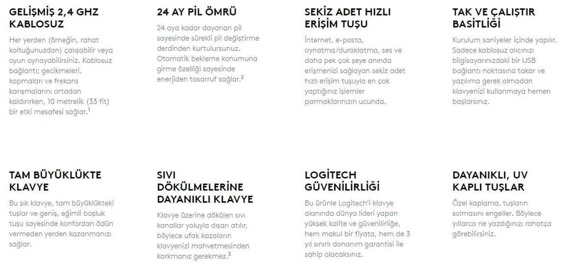 Logitech K270 Siyah Kablosuz Q Klavye Özellikler