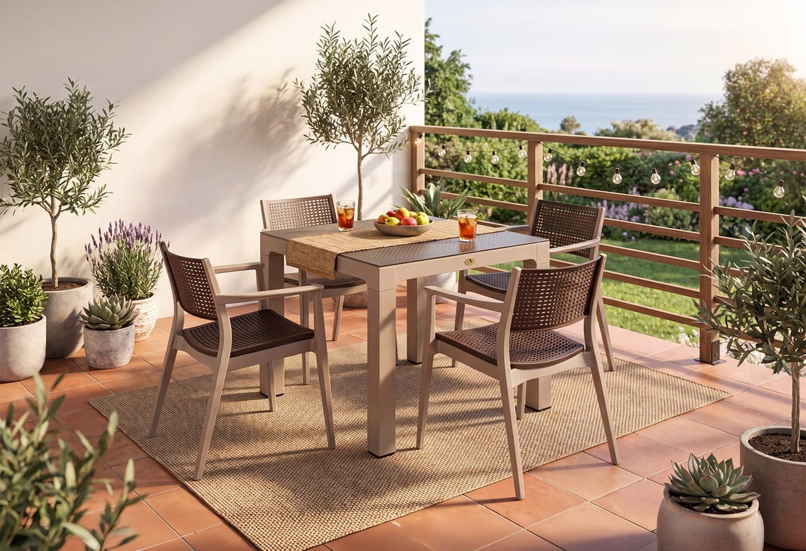 Messina Rattan Balkon Bahçe Masa Takımı Camlı Bej 90x90 | Gündoğdu 