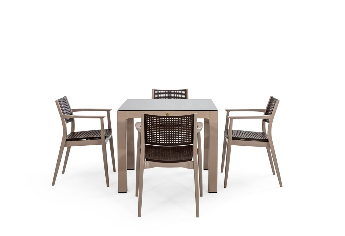 Messina Rattan Balkon Bahçe Masa Takımı Camlı Bej 90x90 | Gündoğdu 