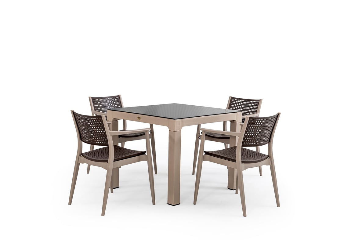 Messina Rattan Balkon Bahçe Masa Takımı Camlı Bej 90x90 | Gündoğdu 