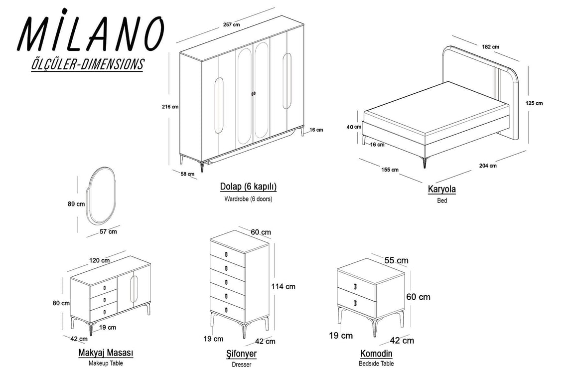 Milano 6 Kapılı Yatak Odası Takımı (Aynalı)
