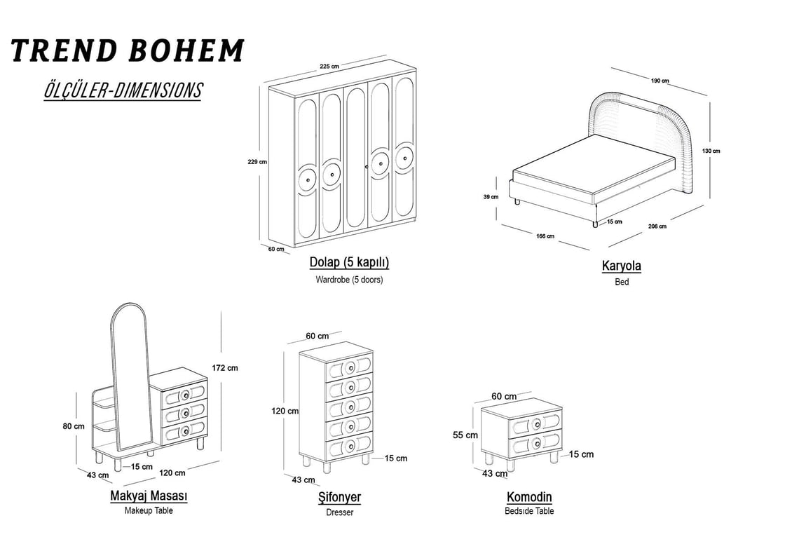 Trend Bohem 5 Kapılı Yatak Odası Takımı