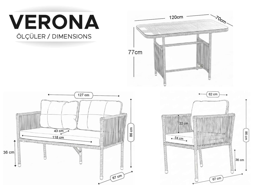 verona rattan örme balkon bahçe seti takım mobilya
