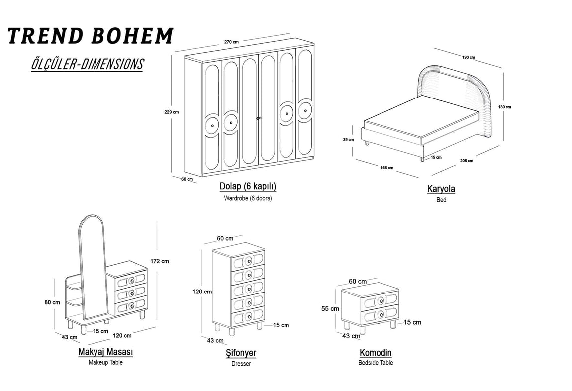 Trend Bohem 6 Kapılı Yatak Odası Takımı