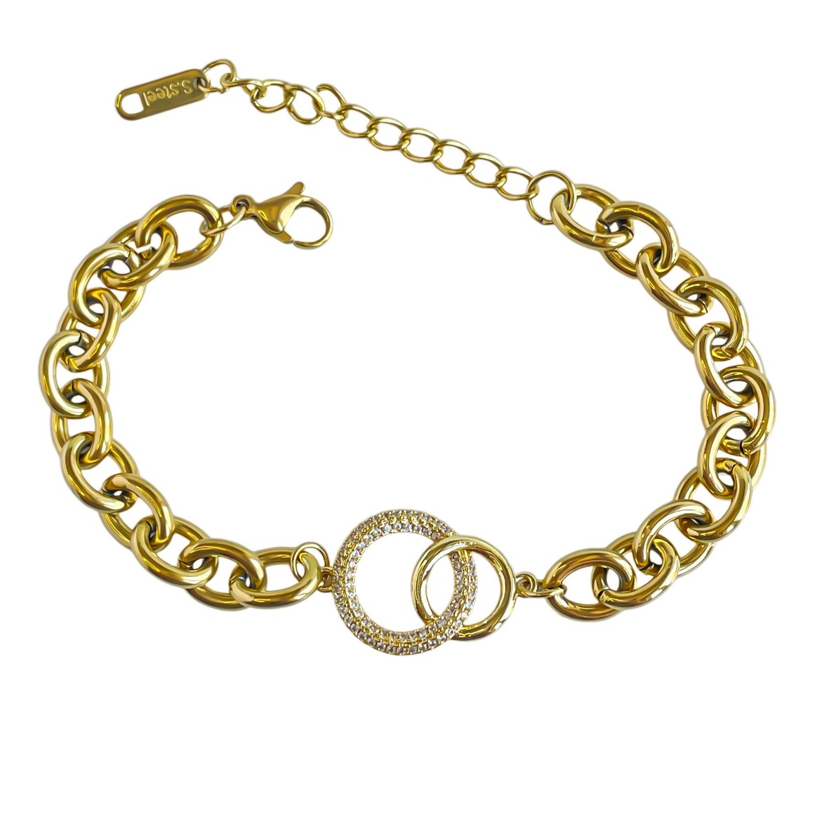 Ortası Halka Zirkon Taş Çelik Luxury Gold Bileklik