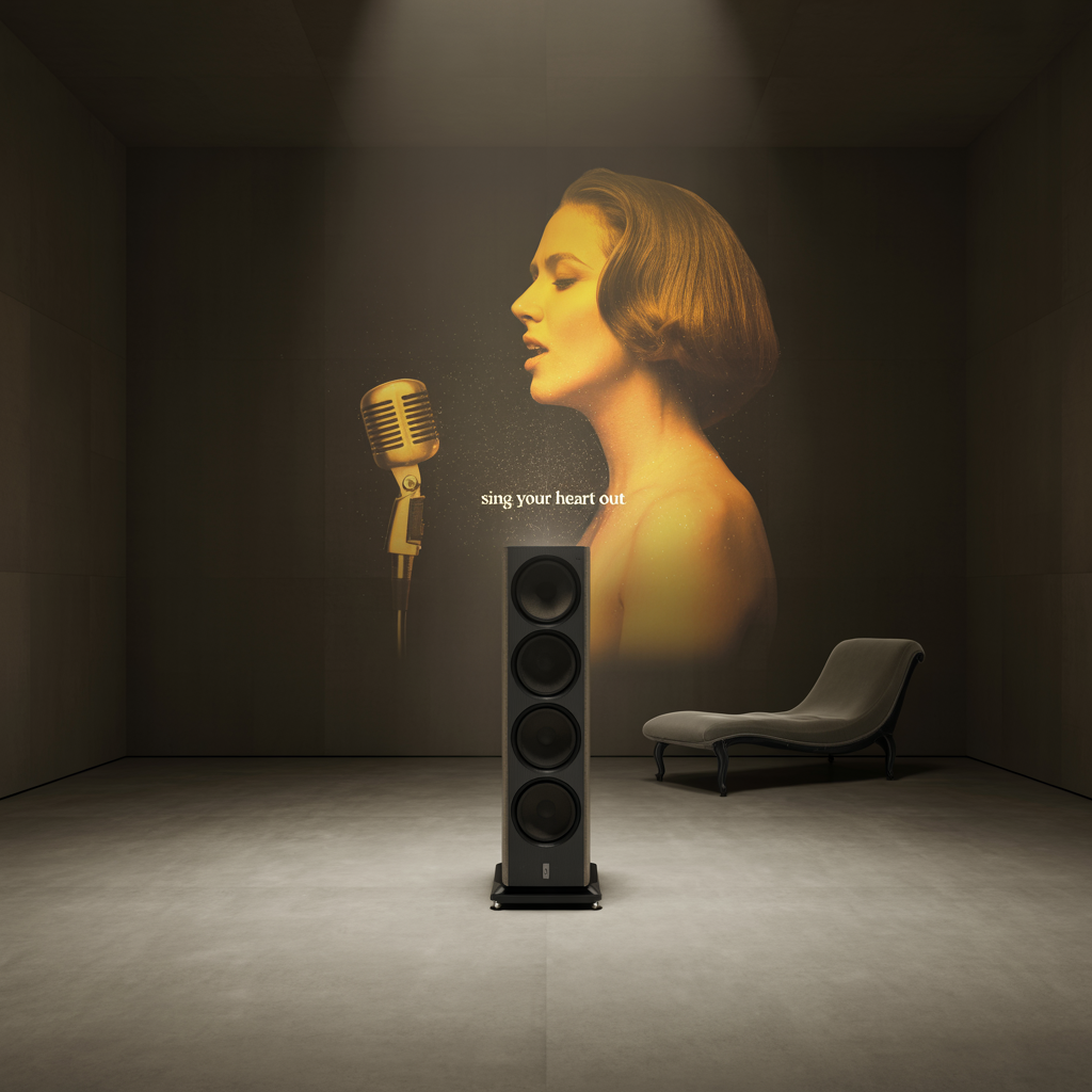 High-end bir hoparlörden yayılan müzik ile oluşan ses sahnesi görselleştirmesi