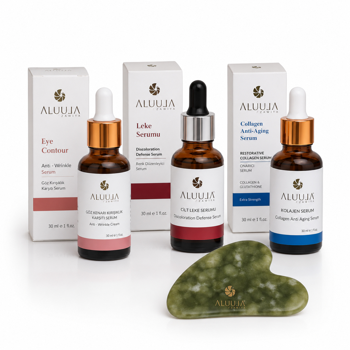 Serumla Dönüşüm Seti: Göz Kenarı Kırışıklık Karşıtı Serum + Leke Ve Renk Düzenleyici Serum 30 ML + Kolajenli Anti-Aging Serum | Yeşim Doğal Taş Gua Sha Yüz Masaj Taşı Hediye 