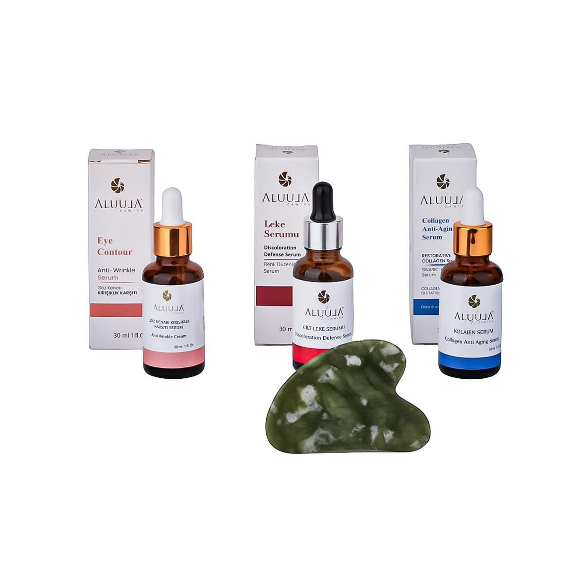Serumla Dönüşüm Seti: Göz Kenarı Kırışıklık Karşıtı Serum + Leke Ve Renk Düzenleyici Serum 30 ML + Kolajenli Anti-Aging Serum | Yeşim Doğal Taş Gua Sha Yüz Masaj Taşı Hediye 