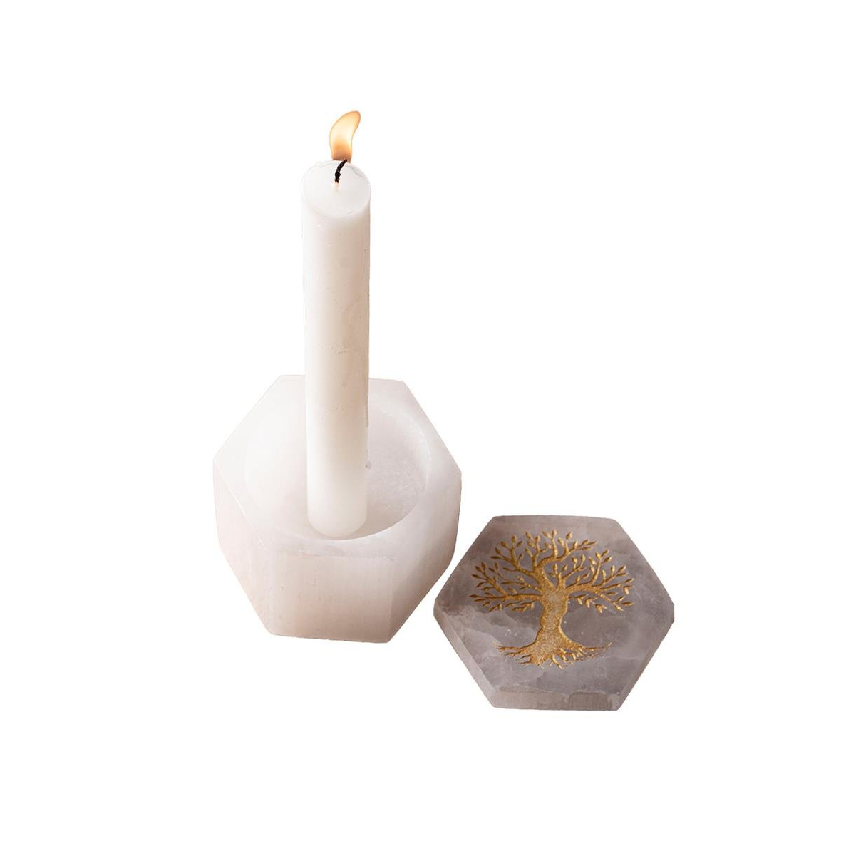 Altı Kenar Kapaklı Hayat Ağacı Selenit Mumluk