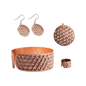 Yaşam Çiçeği ile Zarif Bakır Takı Seti (Bileklik, Yüzük, Küpe ve Kolye Ucu)