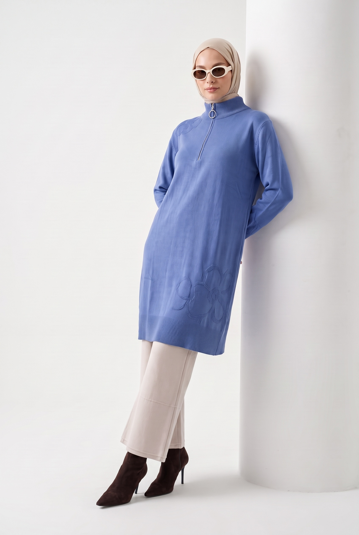 Armine Çiçek Desenli Triko Tunik 25KTD4111 İndigo