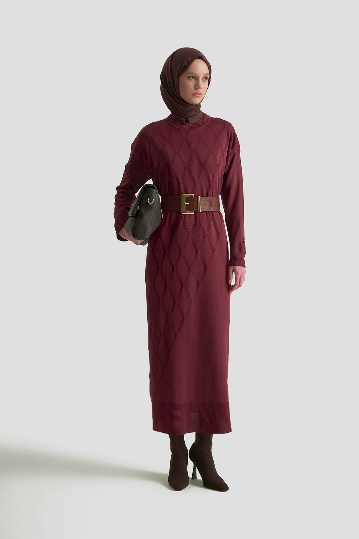 ARMİNE TREND Baklava Desenli Triko Elbise Bordo 25YTD957