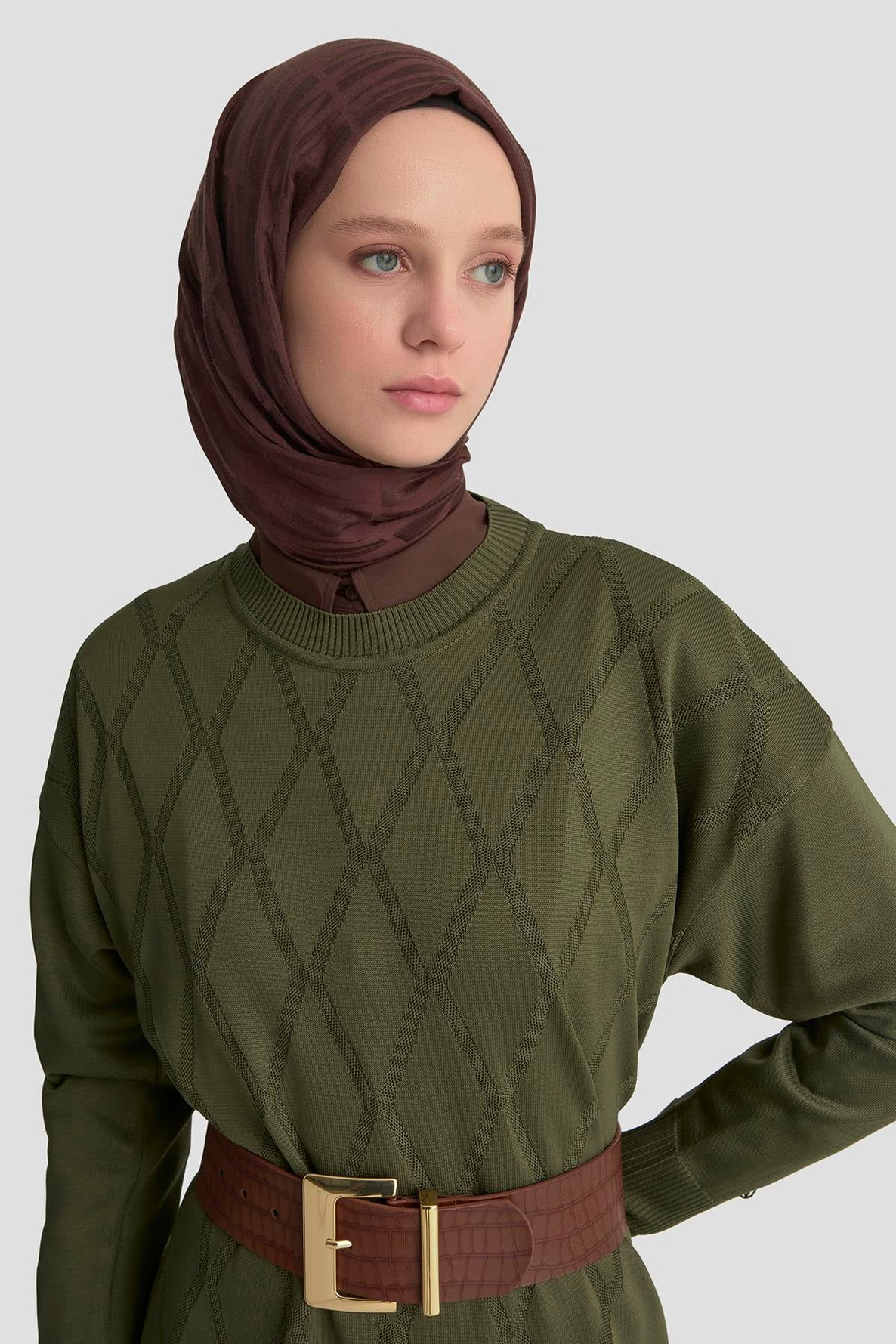 ARMİNE TREND Baklava Desenli Triko Elbise Haki 25YTD957