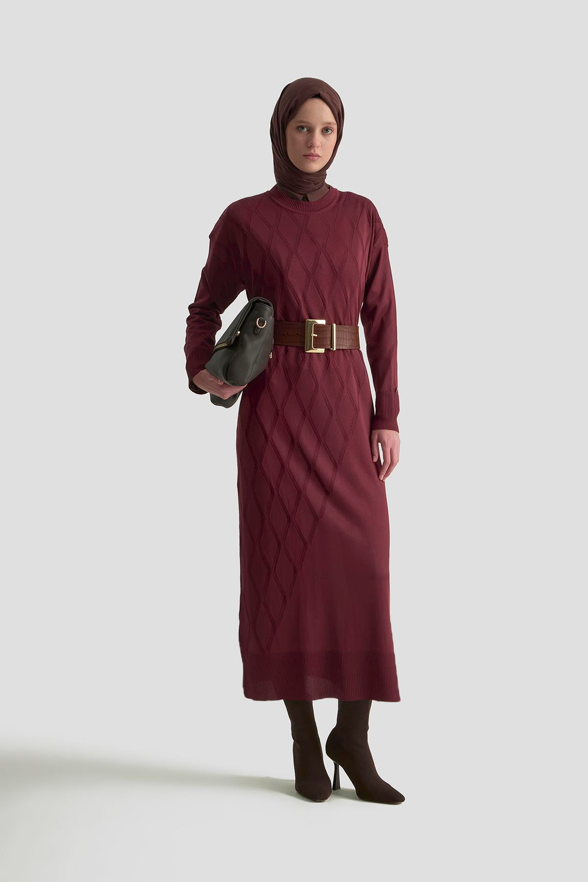 ARMİNE TREND Baklava Desenli Triko Elbise Bordo 25YTD957