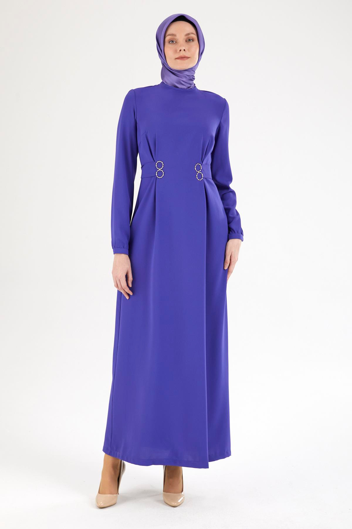 ARMİNE TREND Belden Halka Desenli Elbise-Morcivert 25YT926
