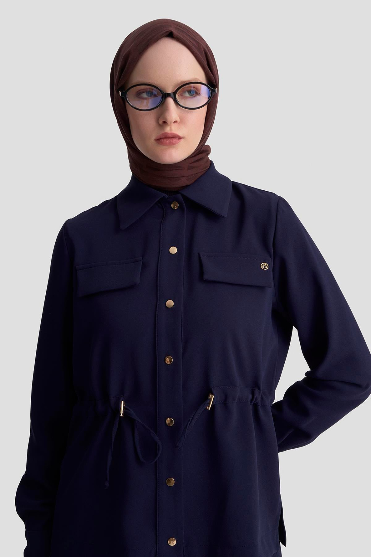 ARMİNE TREND Beli Büzgü Detaylı Çıt Çıtlı Crep Kumaş Etekli İkili Takım Lacivert 25KT665