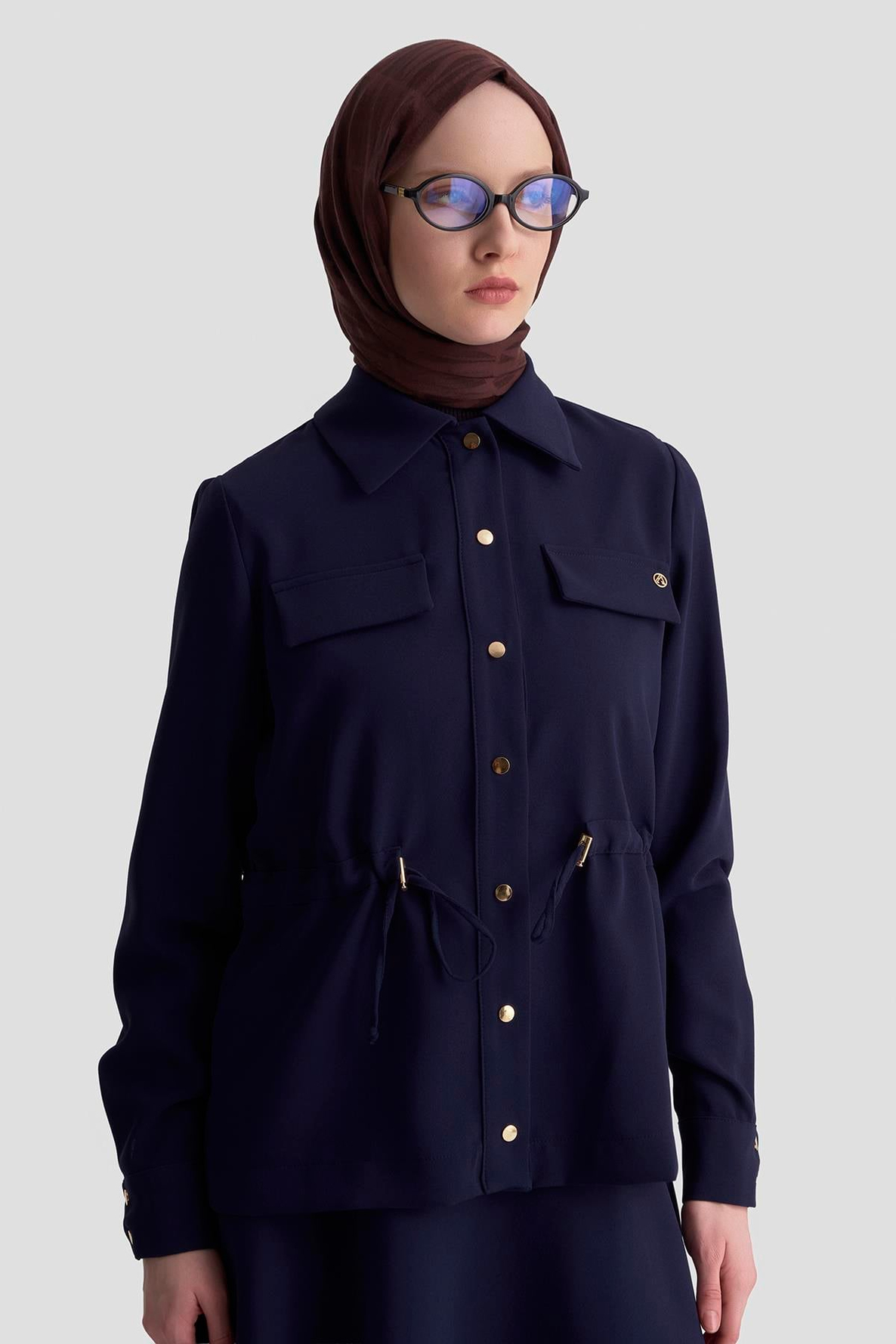 ARMİNE TREND Beli Büzgü Detaylı Çıt Çıtlı Crep Kumaş Etekli İkili Takım Lacivert 25KT665