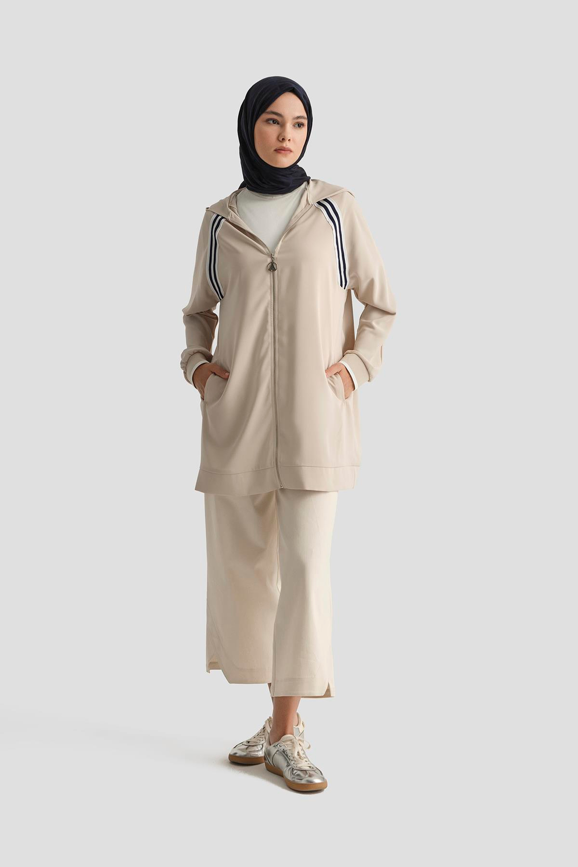 ARMİNE TREND Boydan Fermuarlı Kapüşonlu Tunik-Taş 25YT409
