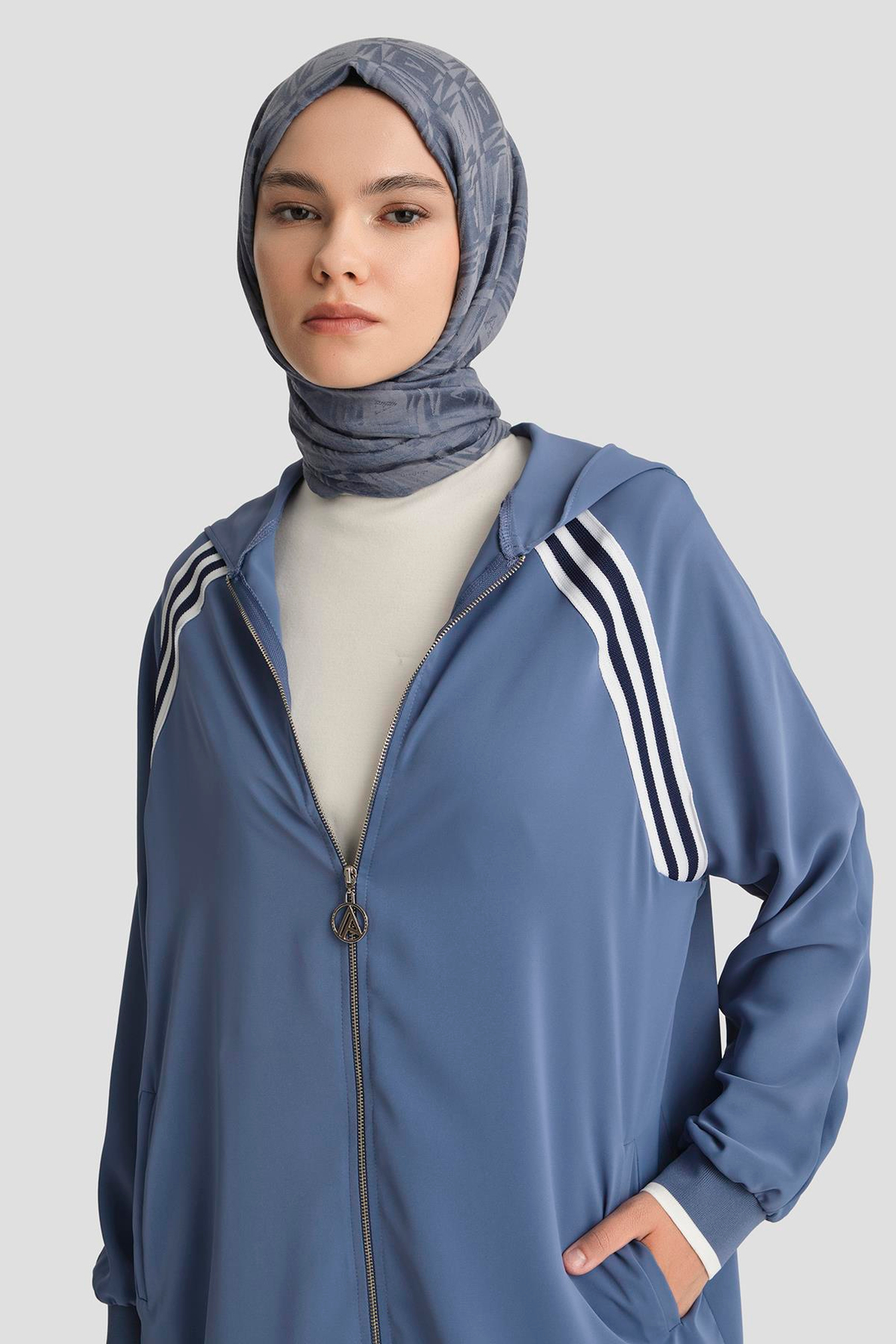 ARMİNE TREND Boydan Fermuarlı Kapüşonlu Tunik-İndigo 25YT409