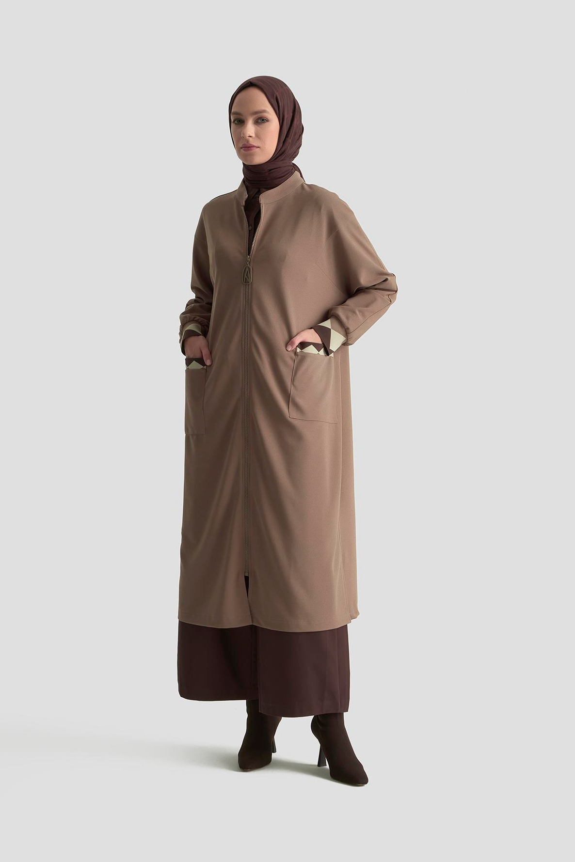 ARMİNE TREND Boydan Fermuarlı Ribanalı Crep Giy Çık Vizon 25KT556