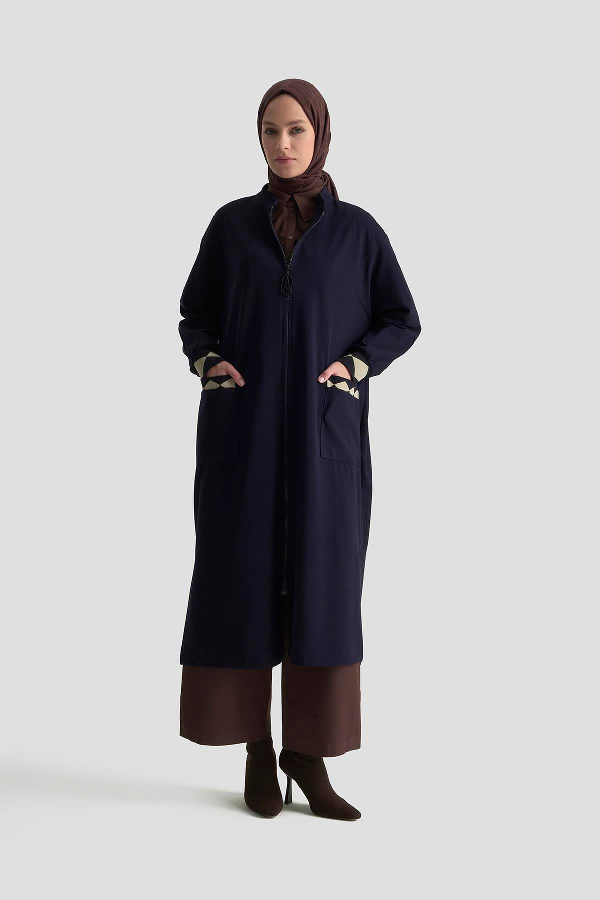 ARMİNE TREND Boydan Fermuarlı Ribanalı Crep Giy Çık Lacivert 25KT556