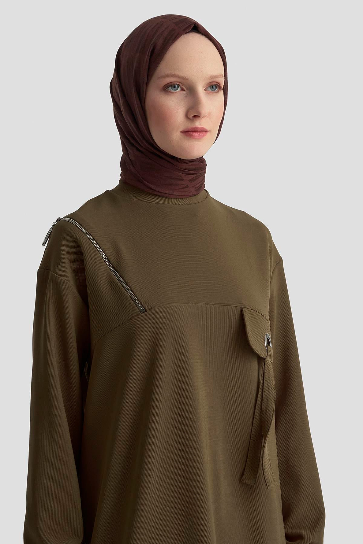 ARMİNE TREND Cep Kapağı Kuşgözü Detaylı Fitilli Tunik Haki 25KT453