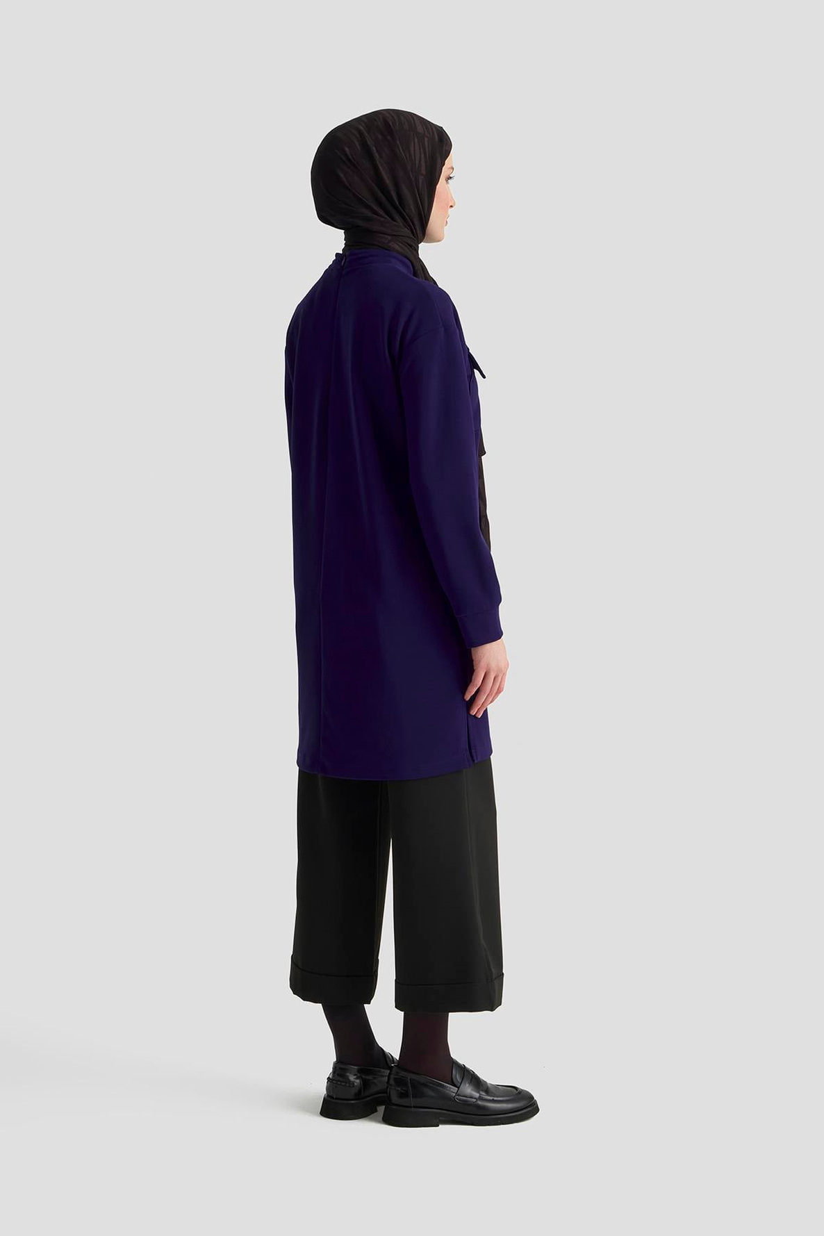 ARMİNE TREND Cep Kapağı Taş Detaylı Taşlı Bağcıklı Crep Tunik Morcivert 25KT451