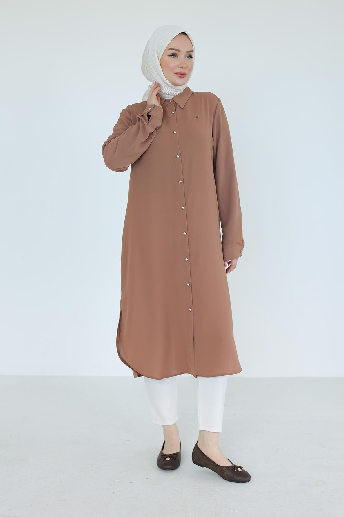 ARMİNE TREND Gömlek Yaka Boydan Düğmeli Tunik-Camel 25YT448