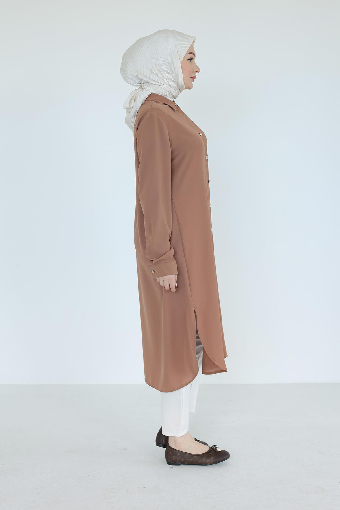 ARMİNE TREND Gömlek Yaka Boydan Düğmeli Tunik-Camel 25YT448