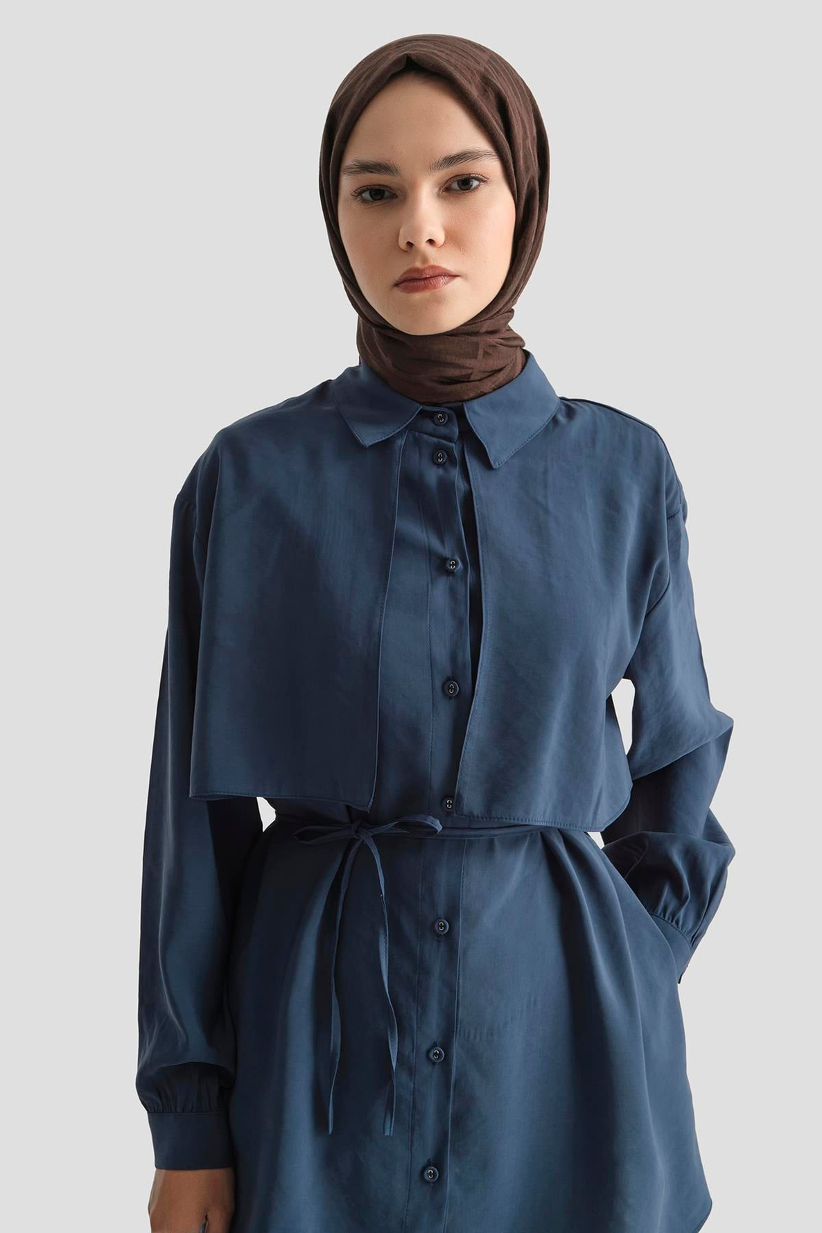 ARMİNE TREND Gömlek Yaka Dümeli Beli Bağlamalı Tunik-İndigo 25YT499