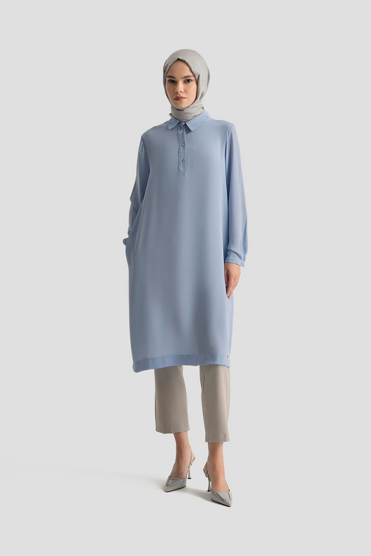 ARMİNE TREND Gömlek Yaka Yakası Düğmeli Tunik-Bebe Mavi 25YT4149
