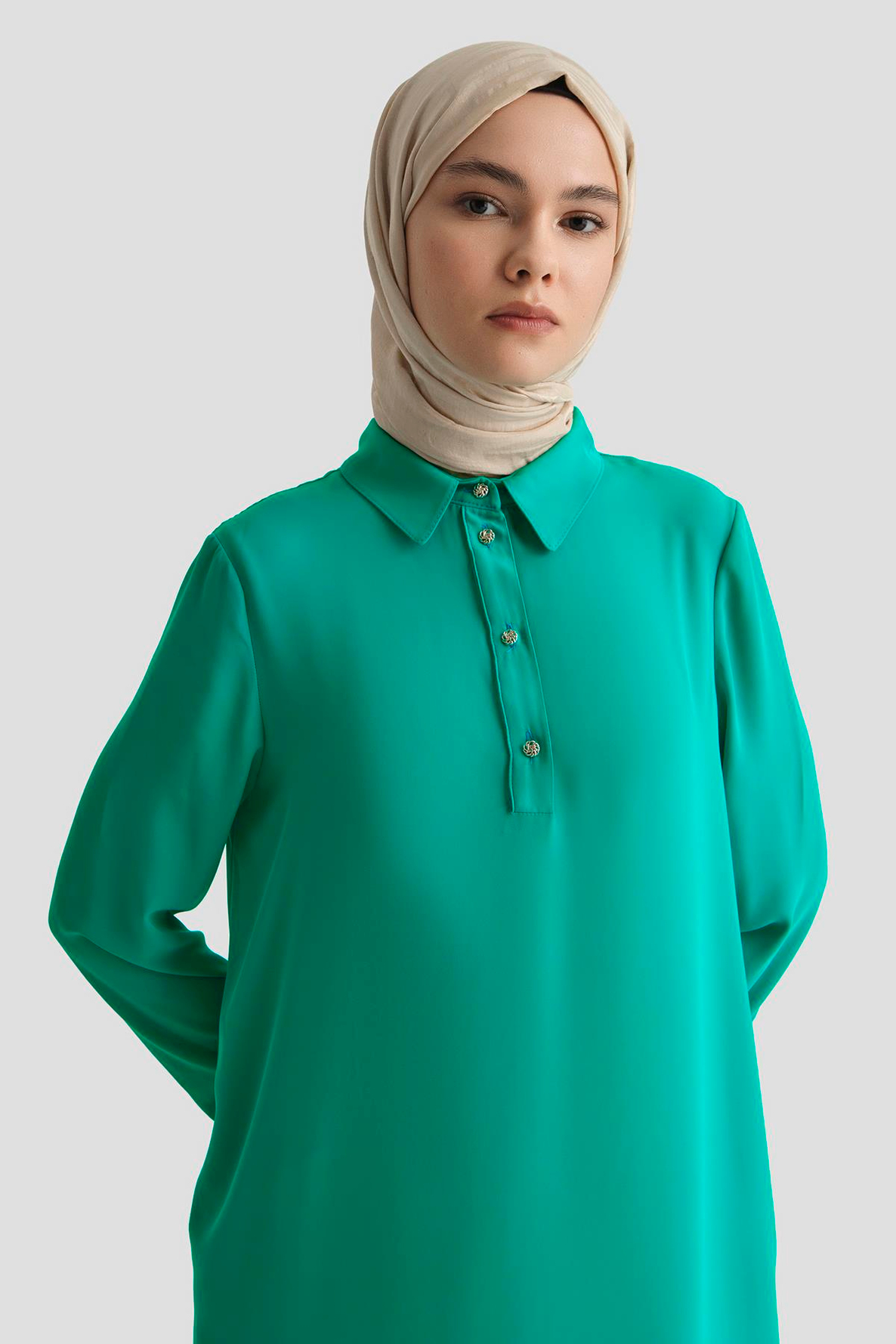 ARMİNE TREND Gömlek Yaka Yakası Düğmeli Tunik-Su Yeşil 25YT4149