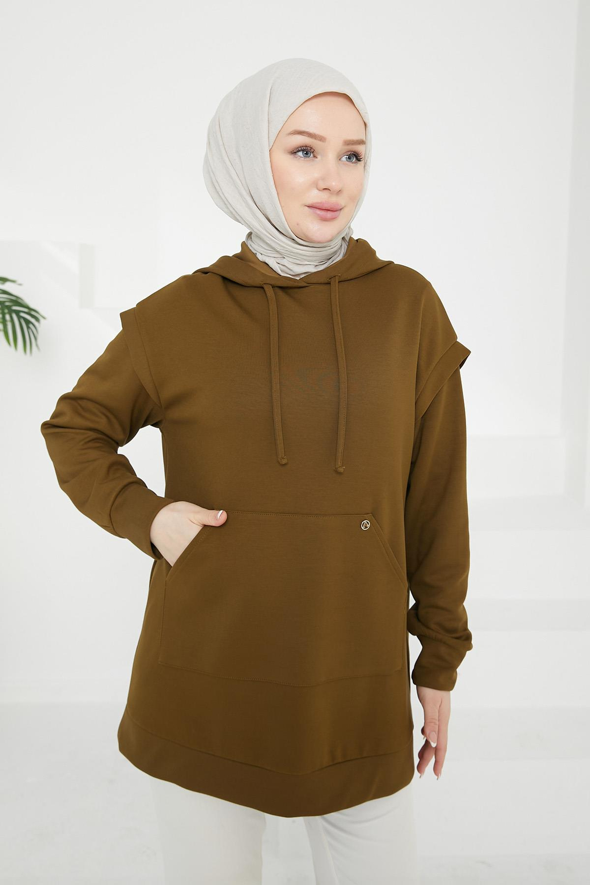 ARMİNE TREND Kapüşonlu Önden Cepli Tunik-Yağ Yeşili 24KT476