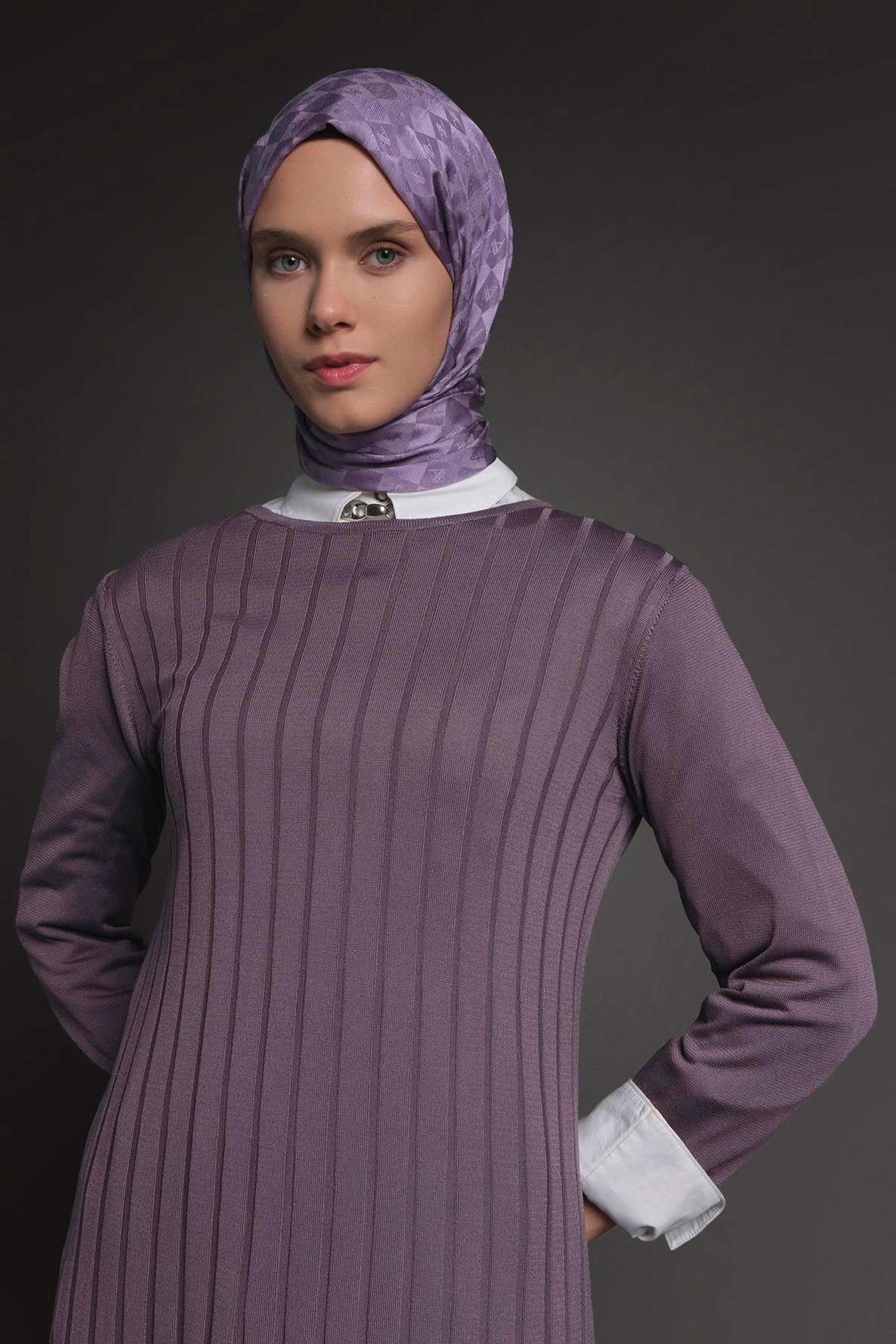 ARMİNE TREND Kendinden Çizgili Triko Elbise Lila 25KT901