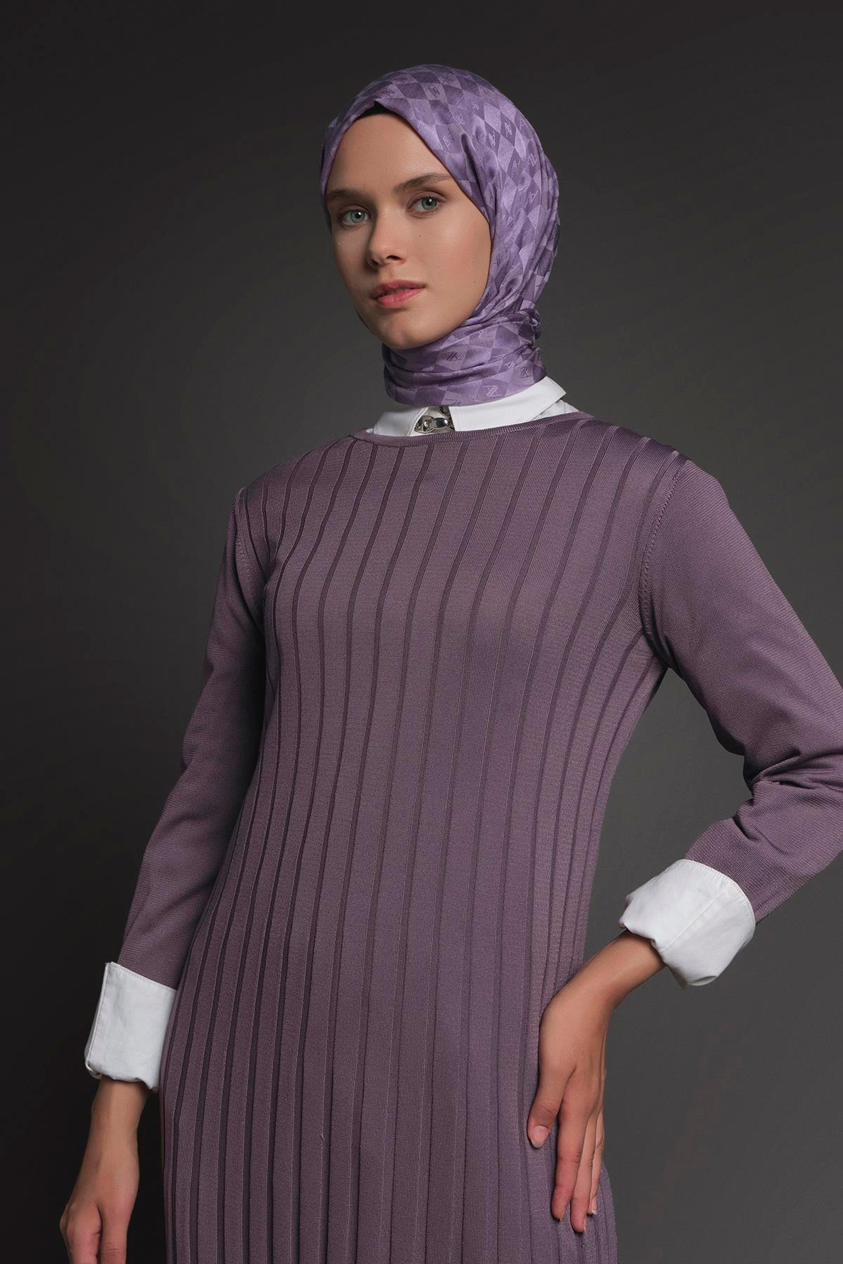 ARMİNE TREND Kendinden Çizgili Triko Elbise Lila 25KT901