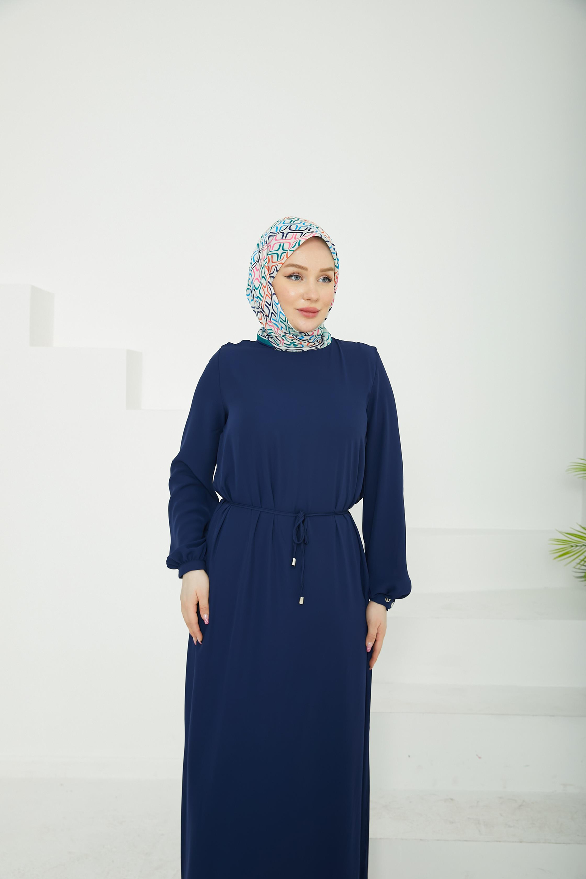 ARMİNE TREND Kolları Lastikli Astarlı Elbise-Lacivert 25YT927