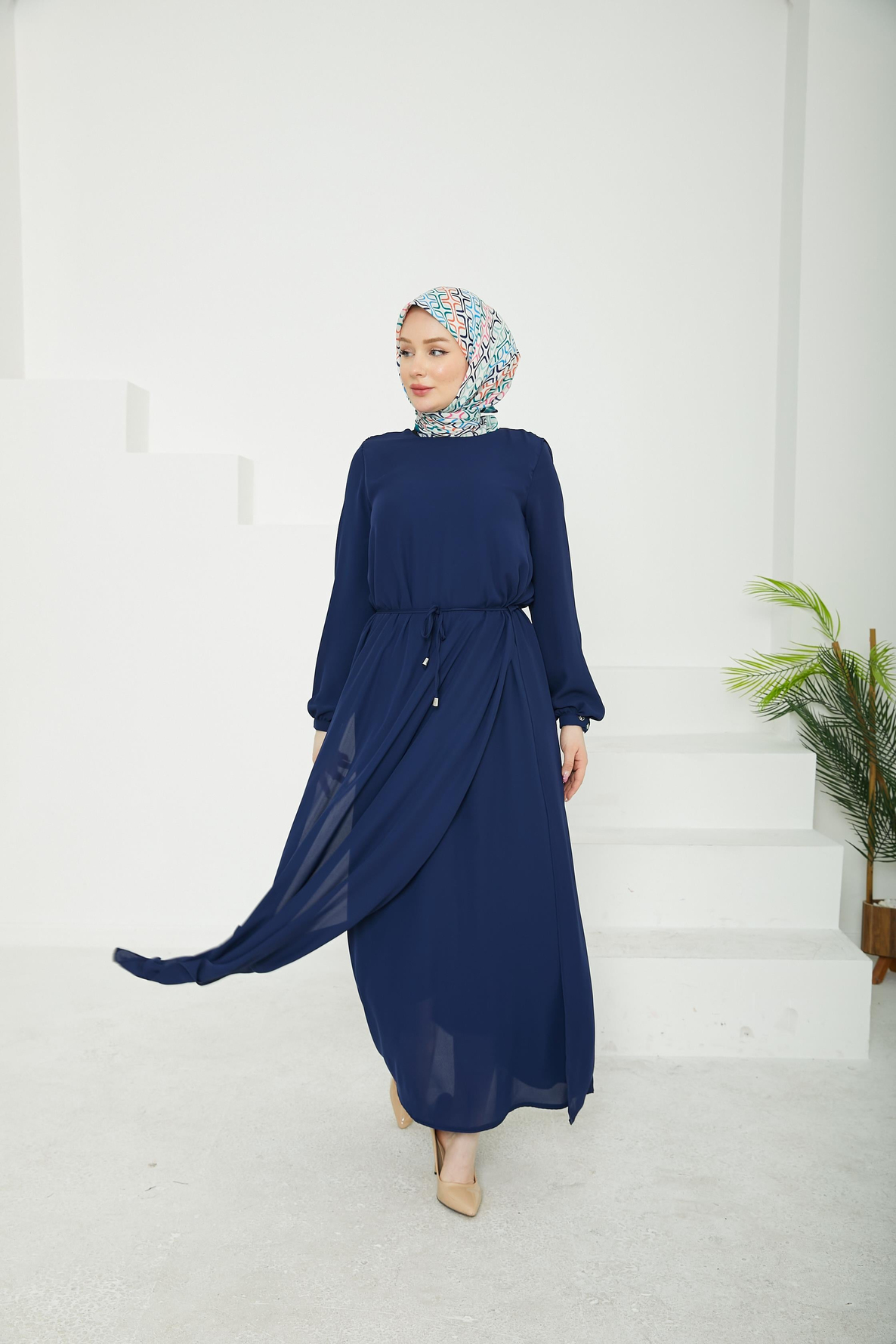 ARMİNE TREND Kolları Lastikli Astarlı Elbise-Lacivert 25YT927