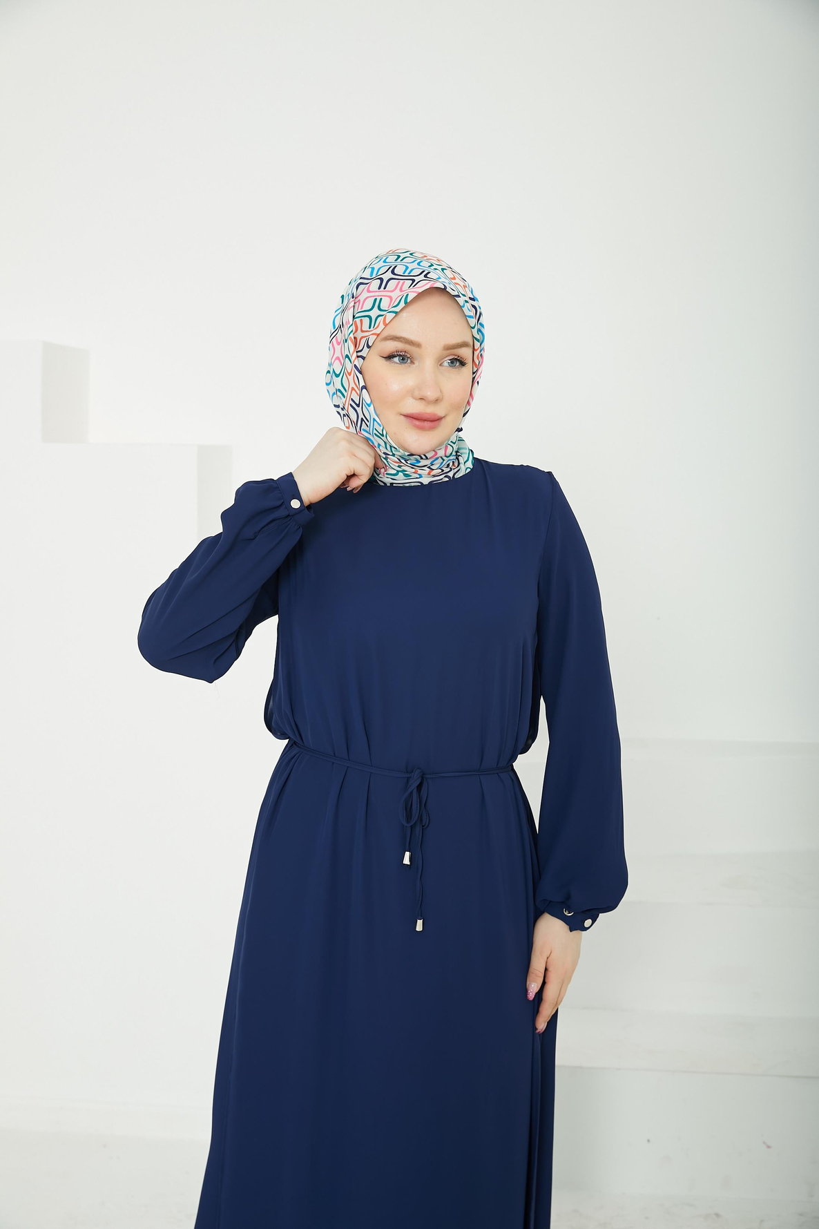 ARMİNE TREND Kolları Lastikli Astarlı Elbise-Lacivert 25YT927