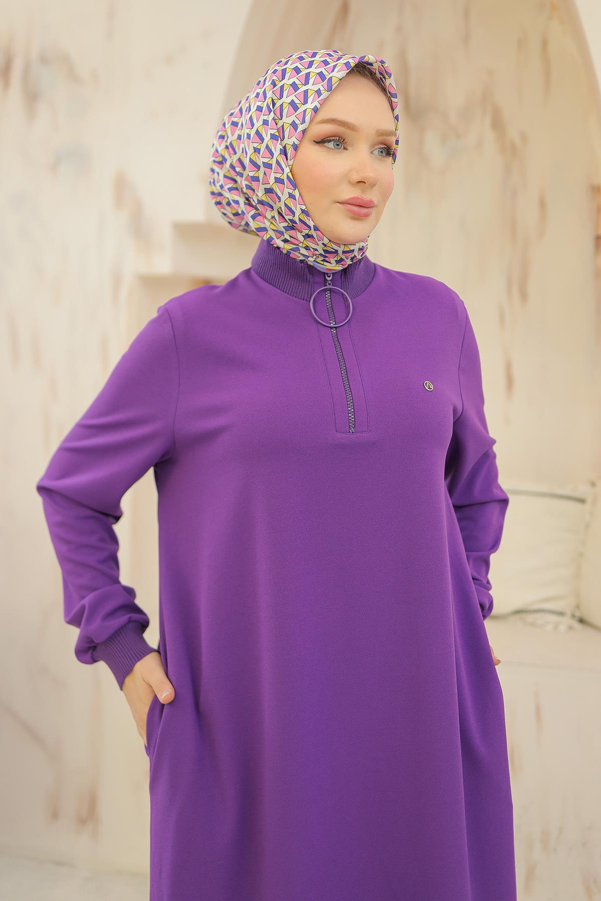 ARMİNE TREND Kolları Ribanalı Yarım Fermuarlı Tunik Mor 24KT436