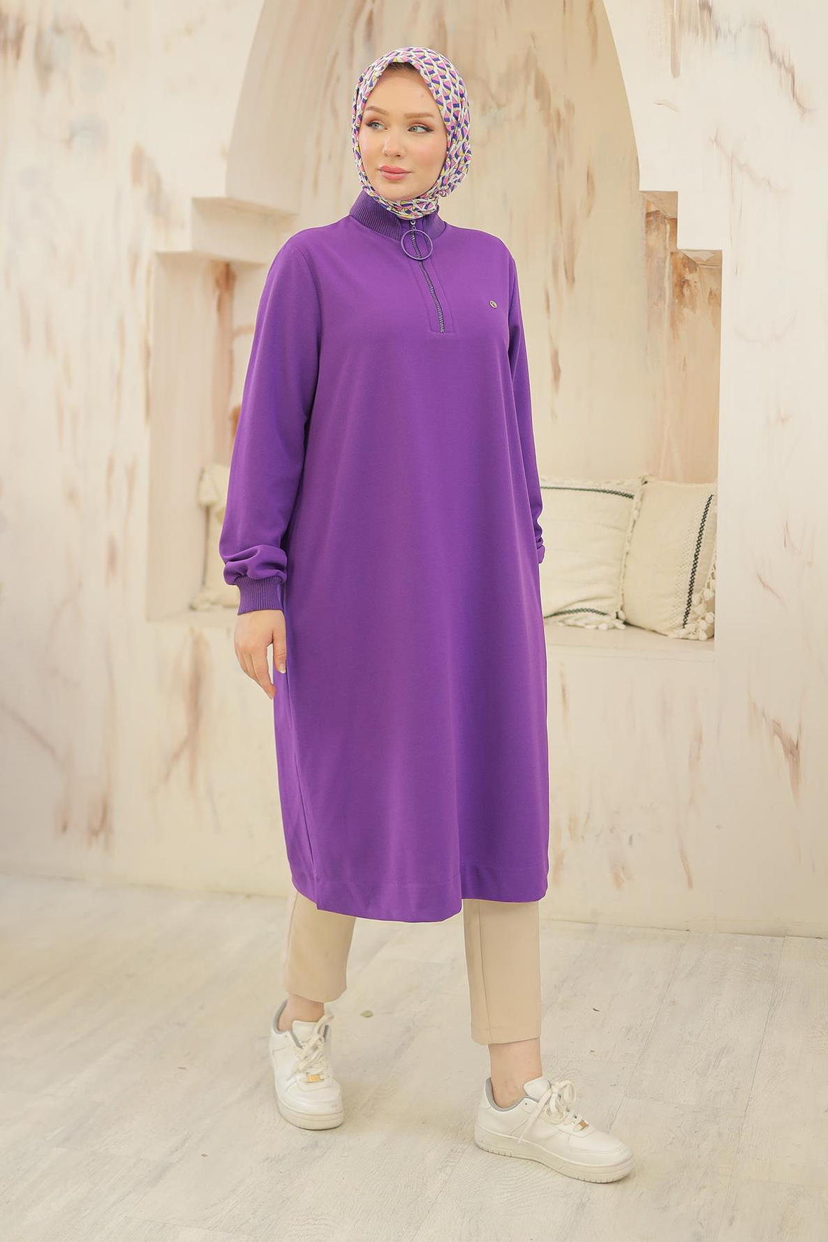 ARMİNE TREND Kolları Ribanalı Yarım Fermuarlı Tunik Mor 24KT436