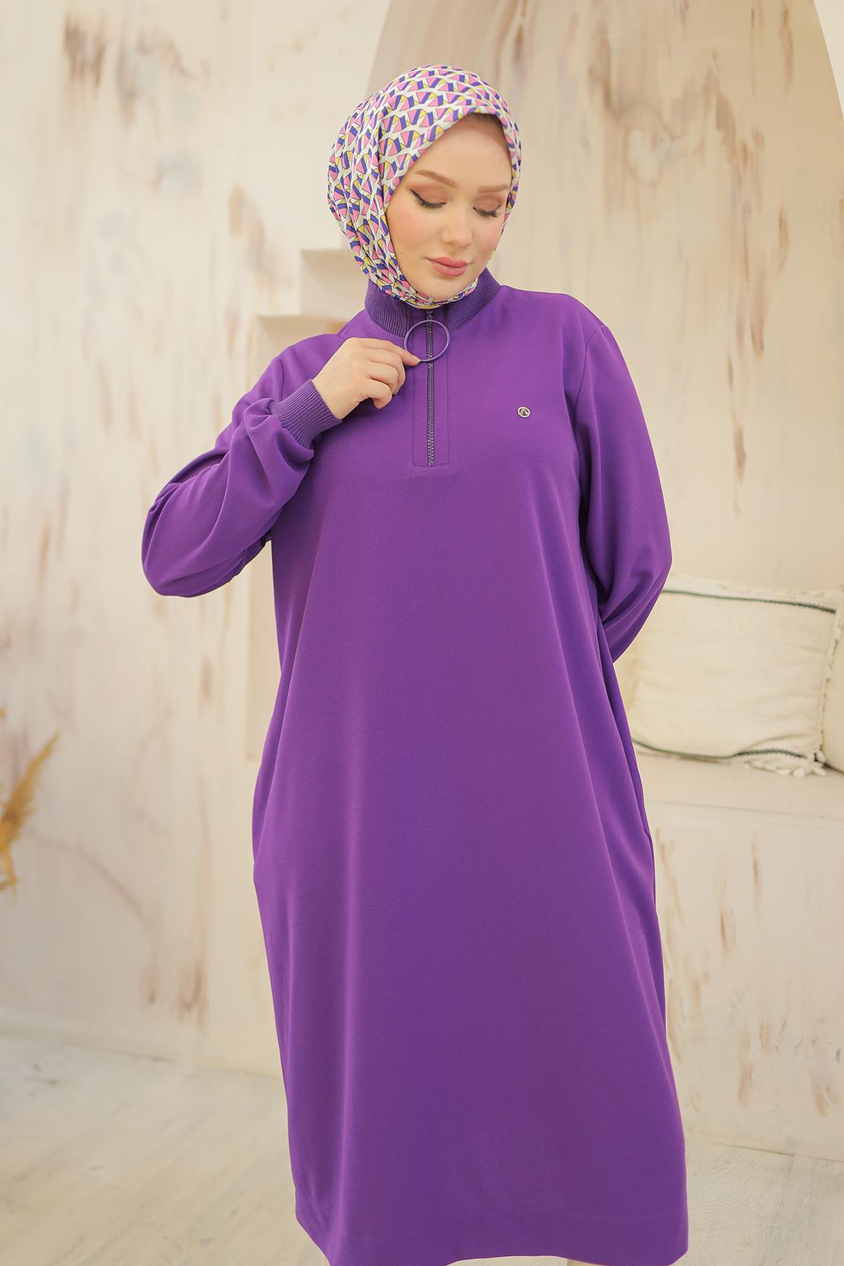 ARMİNE TREND Kolları Ribanalı Yarım Fermuarlı Tunik Mor 24KT436
