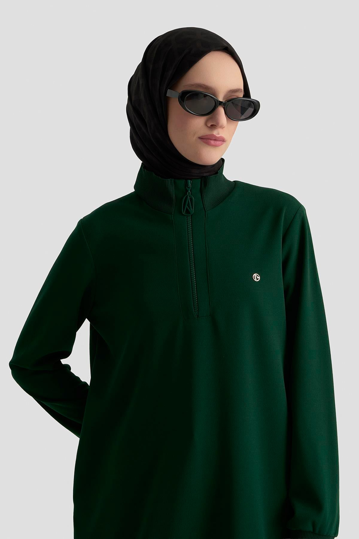 ARMİNE TREND Kolları Ribanalı Yarım Fermuarlı Tunik Zümrüt 25KT456